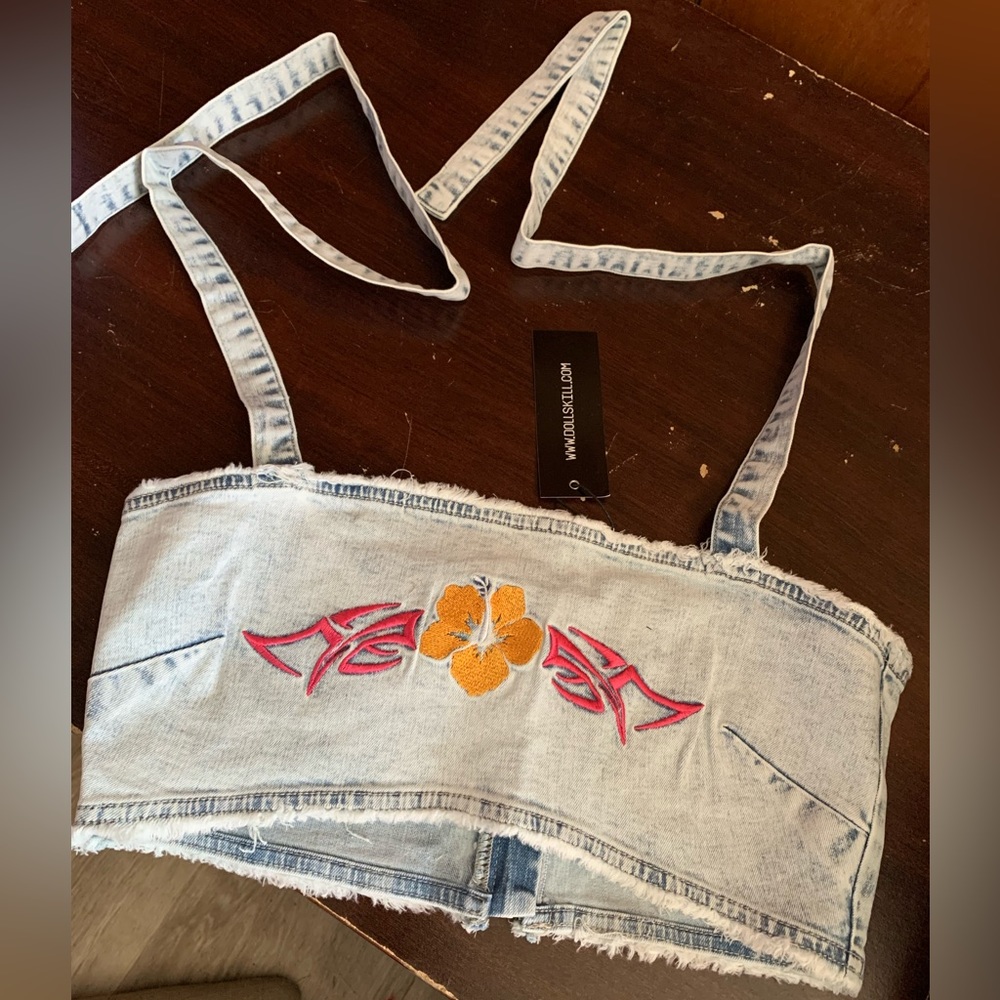 NWT Dolls Kill Club Exx Throw It Back Halter Denim Crop Top Size M
